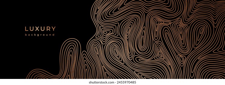 Wavy golden design. Luxury banner with wave pattern. Flowing liquid texture. Bronze curves. Black background with gold lines. Abstract geometric dynamical rippled surface