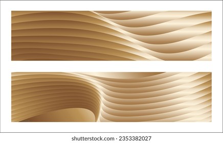 Wavy golden parallel gradient lines, ribbons, silk. Golden with shades of yellow background, banner, poster. Set of 2 backgrounds. Eps vector