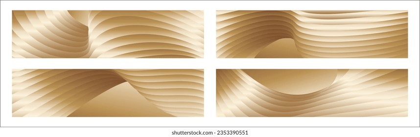 Wavy golden parallel gradient lines, ribbons, silk. Golden with shades of yellow background, banner, poster. Set of 2 backgrounds. Eps vector