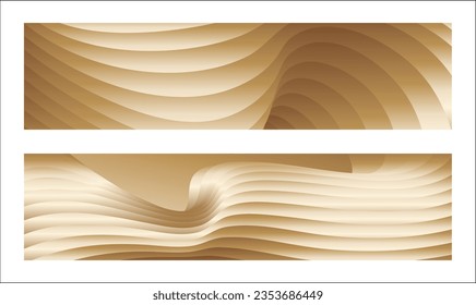 Wavy golden parallel gradient lines, ribbons, silk. Golden with shades of yellow background, banner, poster. Set of 2 backgrounds. Eps vector