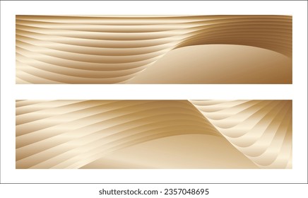 Wavy golden parallel gradient lines, ribbons, silk. Golden with shades of yellow background, banner, poster. Set of 2 backgrounds. Eps vector