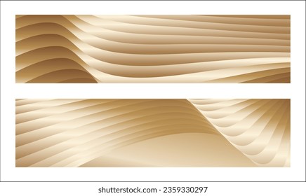 Wavy golden parallel gradient lines, ribbons, silk. Golden with shades of yellow background, banner, poster. Set of 2 backgrounds. Eps vector