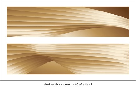 Wavy golden parallel gradient lines, ribbons, silk. Golden with shades of yellow background, banner, poster. Set of 2 backgrounds. Eps vector