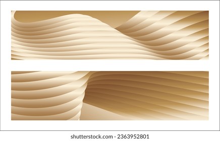 Wavy golden parallel gradient lines, ribbons, silk. Golden with shades of yellow background, banner, poster. Set of 2 backgrounds. Eps vector