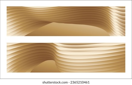 Wavy golden parallel gradient lines, ribbons, silk. Golden with shades of yellow background, banner, poster. Set of 2 backgrounds. Eps vector