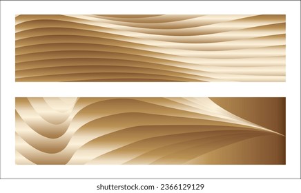 Wavy golden parallel gradient lines, ribbons, silk. Golden with shades of yellow background, banner, poster. Set of 2 backgrounds. Eps vector