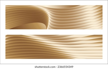 Wavy golden parallel gradient lines, ribbons, silk. Golden with shades of yellow background, banner, poster. Set of 2 backgrounds. Eps vector