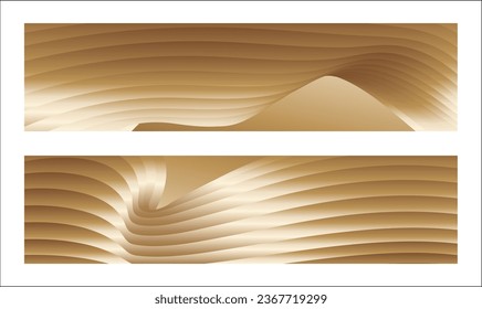 Wavy golden parallel gradient lines, ribbons, silk. Golden with shades of yellow background, banner, poster. Set of 2 backgrounds. Eps vector