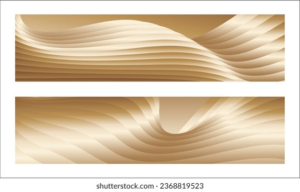 Wavy golden parallel gradient lines, ribbons, silk. Golden with shades of yellow background, banner, poster. Set of 2 backgrounds. Eps vector