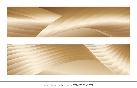 Wavy golden parallel gradient lines, ribbons, silk. Golden with shades of yellow background, banner, poster. Set of 2 backgrounds. Eps vector