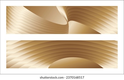 Wavy golden parallel gradient lines, ribbons, silk. Golden banner, poster eps vector. Set of 2 backgrounds