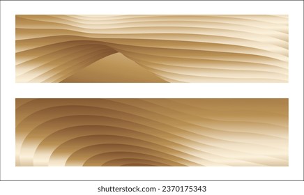 Wavy golden parallel gradient lines, ribbons, silk. Golden with shades of yellow background, banner, poster. Set of 2 backgrounds. Eps vector