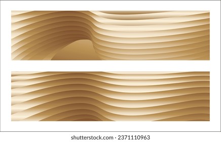 Wavy golden parallel gradient lines, ribbons, silk. Golden with shades of yellow background, banner, poster. Set of 2 backgrounds. Eps vector