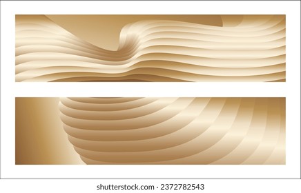 Wavy golden parallel gradient lines, ribbons, silk. Golden with shades of yellow background, banner, poster. Set of 2 backgrounds. Eps vector
