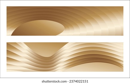 Wavy golden parallel gradient lines, ribbons, silk. Golden with shades of yellow background, banner, poster. Set of 2 backgrounds. Eps vector