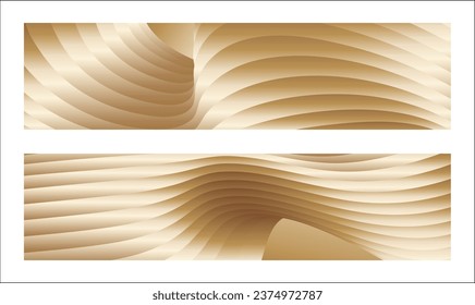 Wavy golden parallel gradient lines, ribbons, silk. Golden with shades of yellow background, banner, poster. Set of 2 backgrounds. Eps vector