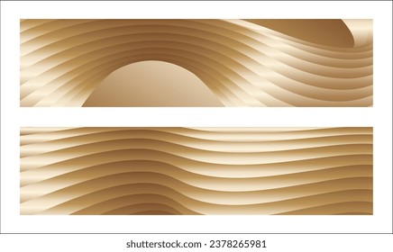 Wavy golden parallel gradient lines, ribbons, silk. Golden with shades of yellow background, banner, poster. Set of 2 backgrounds. Eps vector