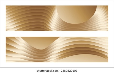 Wavy golden parallel gradient lines, ribbons, silk. Golden with shades of yellow background, banner, poster. Set of 2 backgrounds. Eps vector