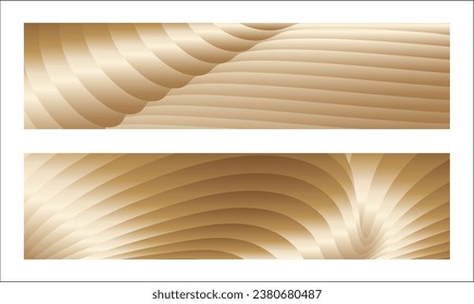 Wavy golden parallel gradient lines, ribbons, silk. Golden with shades of yellow background, banner, poster. Set of 2 backgrounds. Eps vector