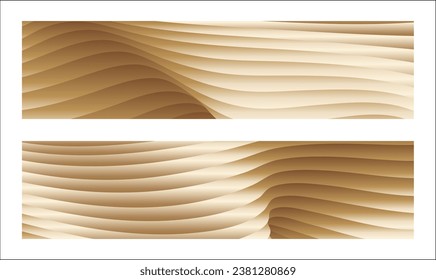 Wavy golden parallel gradient lines, ribbons, silk. Golden with shades of yellow background, banner, poster. Set of 2 backgrounds. Eps vector