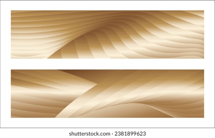 Wavy golden parallel gradient lines, ribbons, silk. Golden with shades of yellow background, banner, poster. Set of 2 backgrounds. Eps vector