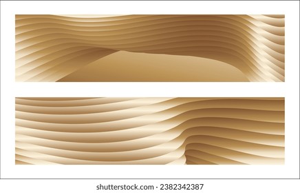 Wavy golden parallel gradient lines, ribbons, silk. Golden banner, poster eps vector. Set of 2 backgrounds