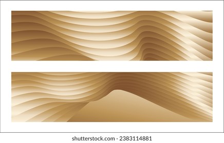 Wavy golden parallel gradient lines, ribbons, silk. Golden with shades of yellow background, banner, poster. Set of 2 backgrounds. Eps vector