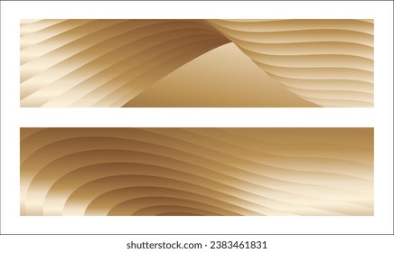 Wavy golden parallel gradient lines, ribbons, silk. Golden with shades of yellow background, banner, poster. Set of 2 backgrounds. Eps vector