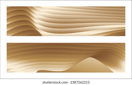 Wavy golden parallel gradient lines, ribbons, silk. Golden with shades of yellow background, banner, poster. Set of 2 backgrounds. Eps vector