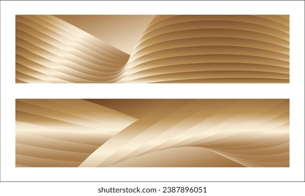 Wavy golden parallel gradient lines, ribbons, silk. Golden with shades of yellow background, banner, poster. Set of 2 backgrounds. Eps vector