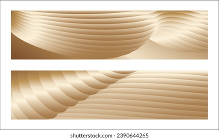 Wavy golden parallel gradient lines, ribbons, silk. Golden with shades of yellow background, banner, poster. Set of 2 backgrounds. Eps vector
