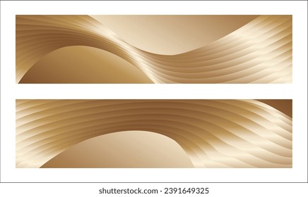 Wavy golden parallel gradient lines, ribbons, silk. Golden with shades of yellow background, banner, poster. Set of 2 backgrounds. Eps vector