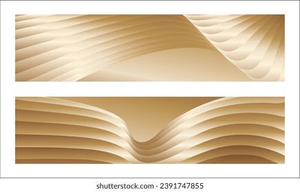 Wavy golden parallel gradient lines, ribbons, silk. Golden with shades of yellow background, banner, poster. Set of 2 backgrounds. Eps vector