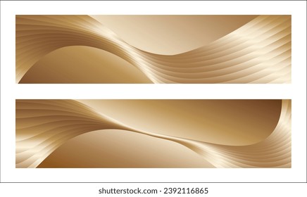 Wavy golden parallel gradient lines, ribbons, silk. Golden with shades of yellow background, banner, poster. Set of 2 backgrounds. Eps vector