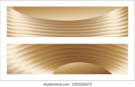 Wavy golden parallel gradient lines, ribbons, silk. Golden with shades of yellow background, banner, poster. Set of 2 backgrounds. Eps vector