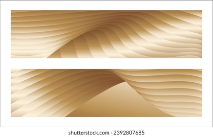 Wavy golden parallel gradient lines, ribbons, silk. Golden with shades of yellow background, banner, poster. Set of 2 backgrounds. Eps vector