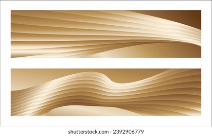 Wavy golden parallel gradient lines, ribbons, silk. Golden with shades of yellow background, banner, poster. Set of 2 backgrounds. Eps vector