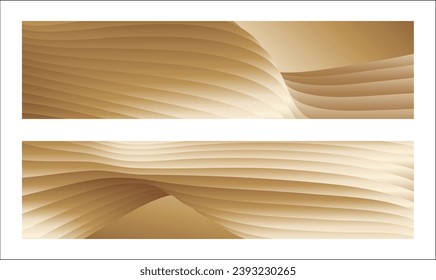 Wavy golden parallel gradient lines, ribbons, silk. Golden with shades of yellow background, banner, poster. Set of 2 backgrounds. Eps vector