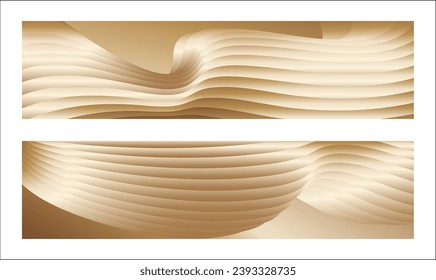 Wavy golden parallel gradient lines, ribbons, silk. Golden with shades of yellow background, banner, poster. Set of 2 backgrounds. Eps vector