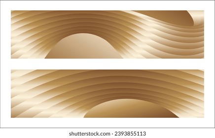 Wavy golden parallel gradient lines, ribbons, silk. Golden with shades of yellow background, banner, poster. Set of 2 backgrounds. Eps vector