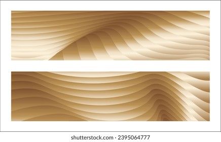 Wavy golden parallel gradient lines, ribbons, silk. Golden with shades of yellow background, banner, poster. Set of 2 backgrounds. Eps vector