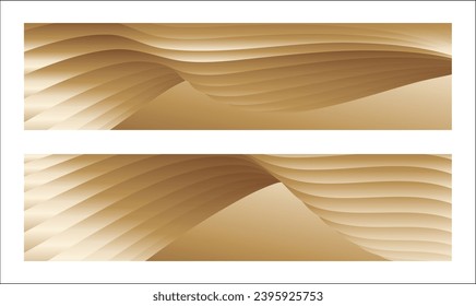 Wavy golden parallel gradient lines, ribbons, silk. Golden with shades of yellow background, banner, poster. Set of 2 backgrounds. Eps vector