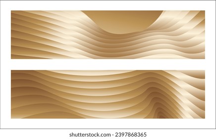 Wavy golden parallel gradient lines, ribbons, silk. Golden with shades of yellow background, banner, poster. Set of 2 backgrounds. Eps vector