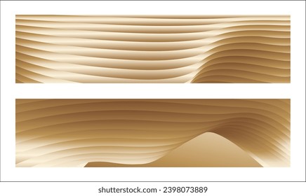 Wavy golden parallel gradient lines, ribbons, silk. Golden with shades of yellow background, banner, poster. Set of 2 backgrounds. Eps vector