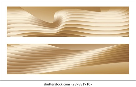 Wavy golden parallel gradient lines, ribbons, silk. Golden banner, poster eps vector. Set of 2 backgrounds