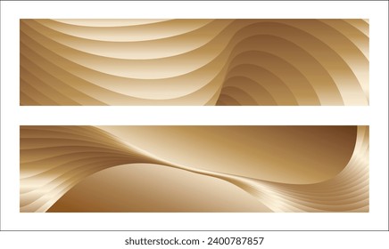 Wavy golden parallel gradient lines, ribbons, silk. Golden with shades of yellow background, banner, poster. Set of 2 backgrounds. Eps vector