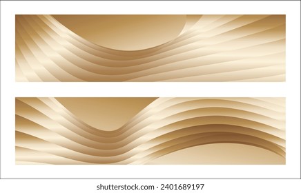 Wavy golden parallel gradient lines, ribbons, silk. Golden with shades of yellow background, banner, poster. Set of 2 backgrounds. Eps vector