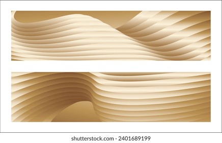 Wavy golden parallel gradient lines, ribbons, silk. Golden with shades of yellow background, banner, poster. Set of 2 backgrounds. Eps vector