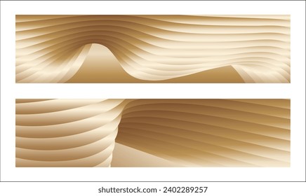 Wavy golden parallel gradient lines, ribbons, silk. Golden with shades of yellow background, banner, poster. Set of 2 backgrounds. Eps vector