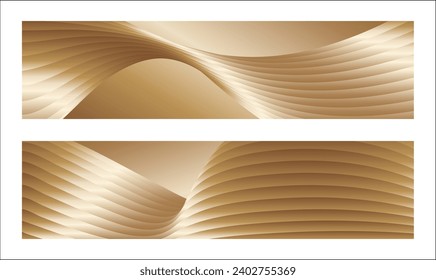 Wavy golden parallel gradient lines, ribbons, silk. Golden with shades of yellow background, banner, poster. Set of 2 backgrounds. Eps vector
